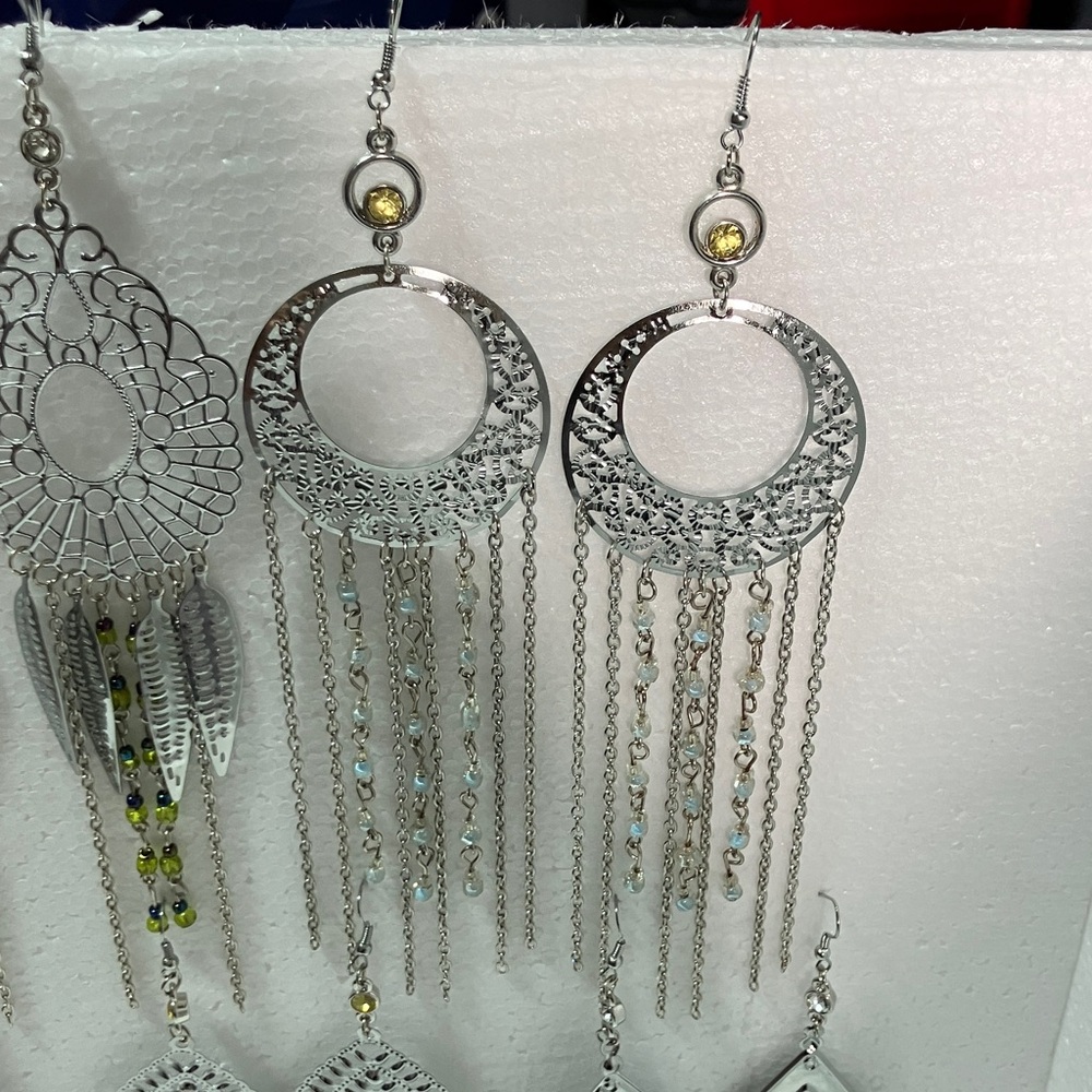 Bundle of 8 sets dangle/chandelier Silver beaded earrings large shiny easy match - Picture 6 of 10